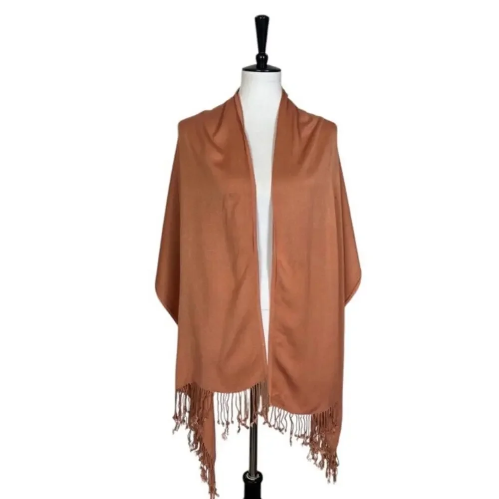 Women’s Bundle 3 Oblong Scarfs Solid Neutral Color Fringe Tan Orange Brown Tan
